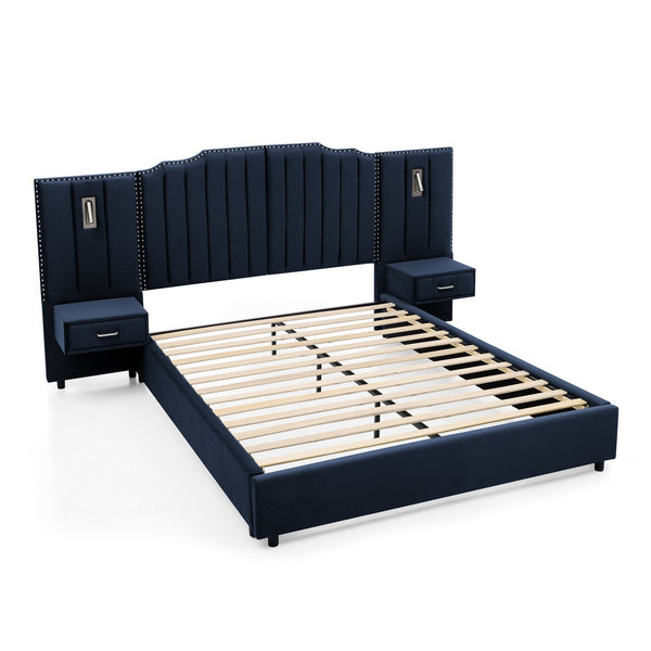 English Elm Queen Velvet Platform Bed with Tufted Headboard Integrated Nightstands and Striped Design Dark Blue W487S00442