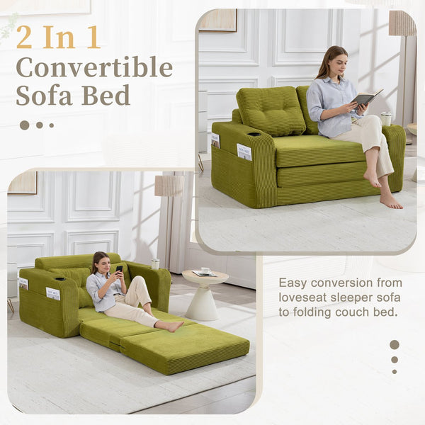 English Elm Convertible Floor Sofa Bed with Memory Foam and Ribbed Corduroy for Small Spaces Olive W395P438030