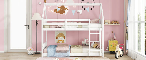 English Elm Twin Over Twin House Bunk Bed With Guardrails, Ladder & Cozy Floor Bed - White Rubberwood Design W504P227938-GIGA