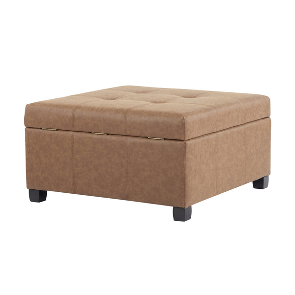 English Elm 35" Waffle-tufted Faux Leather Lift-top Ottoman with Hidden Storage and Birch Legs N767P356738B
