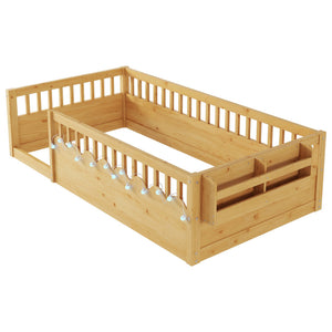 English Elm Twin Montessori Floor Bed Frame with High Rails and Built-In Light Shelf for Safe Independent Sleep Natural 79.13 L x 13 W x 6.3 H W2593P333571