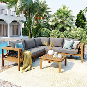 English Elm <old Old Sku Acacia Wood L-shaped Patio Sectional with Woven Rope Armrests Resort Cushioned Set Gray,Natural N704F201249E