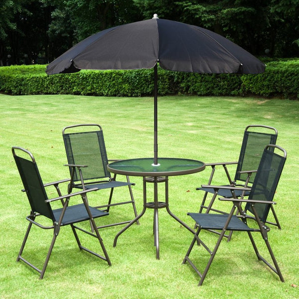 English Elm Outsunny 6-Piece Patio Dining Set For 4 With Umbrella, Black Glass Table & Folding Chairs, Perfect Outdoors W2225P200910-GIGA