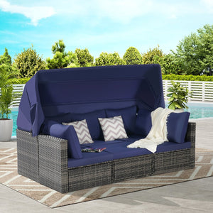 English Elm 5 Piece Outdoor Pe Rattan Daybed Set with Retractable Canopy and Tempered Glass Table Dark Blue W874S00033
