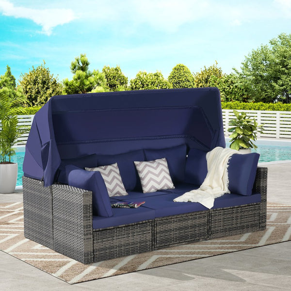 English Elm 5 Piece Outdoor Pe Rattan Daybed Set with Retractable Canopy and Tempered Glass Table Dark Blue W874S00033