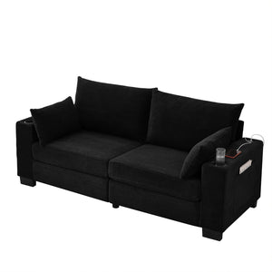 English Elm 78"corduroy Plush Three Seat Sofa with Usb Ports Cup Holders Deep Cushions Apartment Black W3705P455916