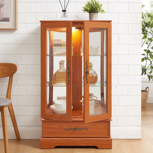 English Elm Lighted Glass Curio Cabinet - Elegant Dark Oak Display With Adjustable Shelves, Built-In Drawer & Bulb W1758P300114