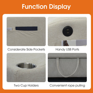 English Elm 1 Versatile Foldable Sofa Bed in Beige Velvet – 3-Length Convertible Pull-Out with USB, Storage, Swivel Phone Stand and Ashtray W1183S00014