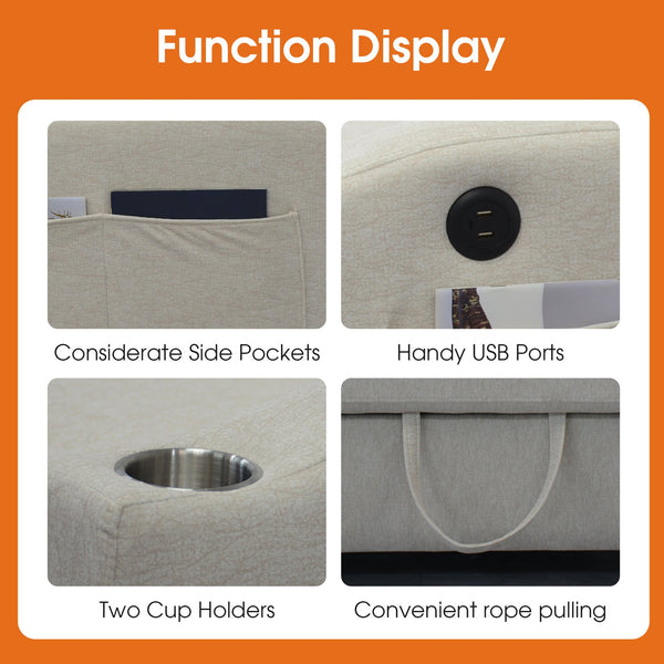 English Elm 1 Versatile Foldable Sofa Bed in Beige Velvet – 3-Length Convertible Pull-Out with USB, Storage, Swivel Phone Stand and Ashtray W1183S00014