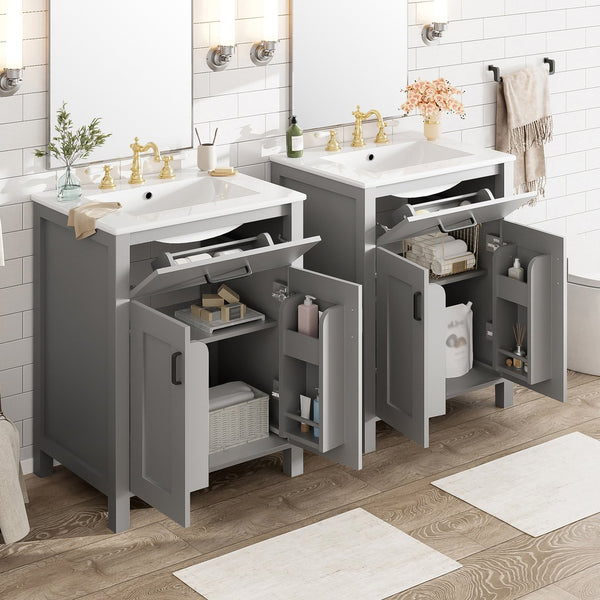English Elm Modern 48 Inch Freestanding Bathroom Vanity Dual Ceramic Sinks Soft Close Gold Handles Grey N729P000008E