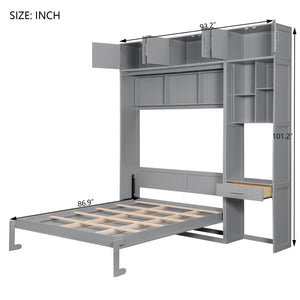 English Elm Queen Murphy Bed with Integrated Desk Cabinet Shelves Space Saving Studio Solution Gray N708S00021E-1