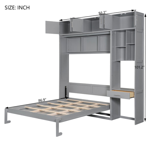 English Elm Queen Murphy Bed with Integrated Desk Cabinet Shelves Space Saving Studio Solution Gray N708S00021E-1