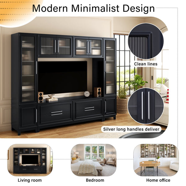 English Elm Vibe Haus Fluted Glass Wall Unit Tall Mdf Entertainment Console for Living Room N893S000011B