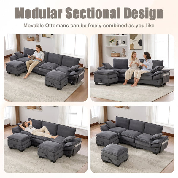English Elm Sectional Cloud Sofa Modular Deep Seat Corduroy Upholstered Living Room Couch with Storage Dark Gray W395S00133