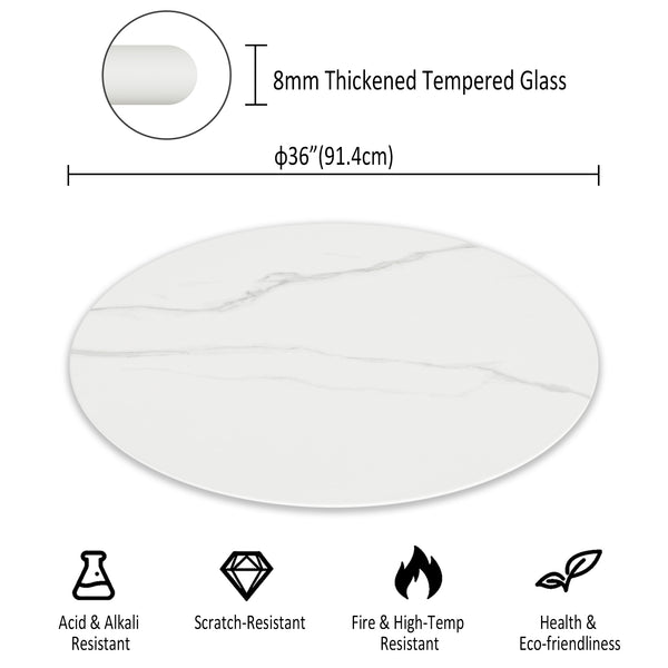 English Elm 36"inch Round Tempered Glass Tabletop Marble Print Indoor Outdoor Dining Patio White W241P361464