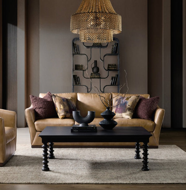 Hooker Furniture Fairfax Semi-Aniline Leather Sofa In Dark Blond With Low-Profile Wood Plinth Base And Flared Arms 40.39 L x 92.09W x 37.40H SS225-03-080