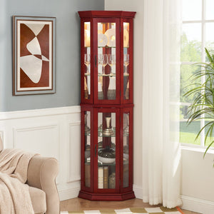 English Elm Corner Curio Cabinet Lighted Glass Shelves Mirrored Backing Living Room Display W2275P177189