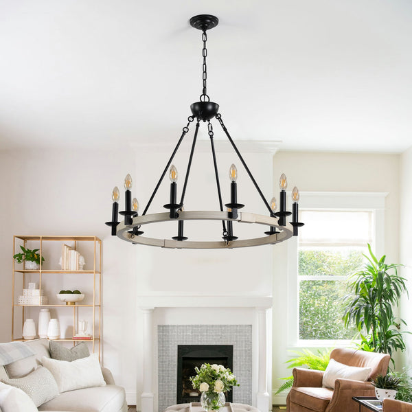 English Elm 32" Rustic Farmhouse 10-Light Chandelier in Matte Black & White Oak, Round Iron Wood Hanging Fixture W1340P221222