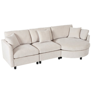 English Elm U_style Chenille Sectional Sofa with Curved Chaise Pine Frame and Three Accent Pillows Beige WY000461AAA