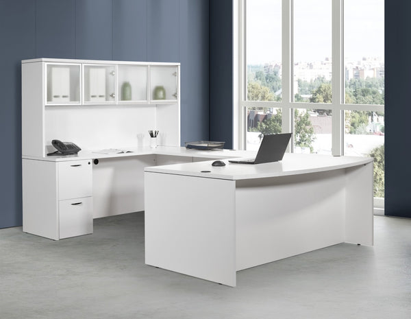 OSP Home Furnishings Napa Executive U-shaped Workstation with Locking Hutch and Glass Door Storage NAPWHT-TYP12G