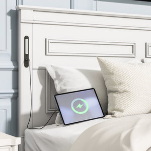 English Elm Queen Farmhouse Pinewood Storage Bed with Led Lighting Usb Charging and Panel Headboard White W504P391013