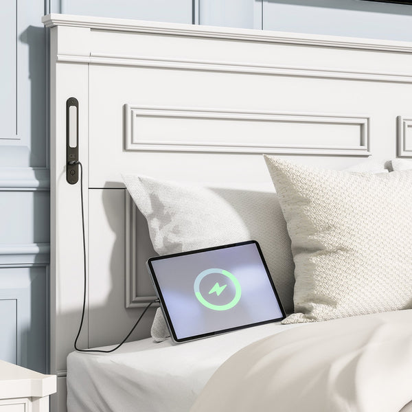 English Elm Queen Farmhouse Pinewood Storage Bed with Led Lighting Usb Charging and Panel Headboard White W504P391013