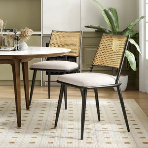 English Elm Dining Chairs Mid-Century Modern Rattan Backrest Bouclé Upholstered Metal Frame Comfortable Design White T3623P379917