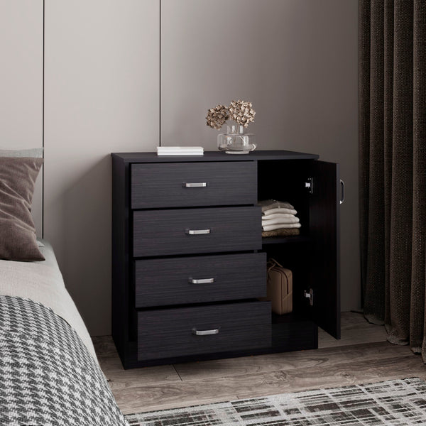 English Elm Dresser, Modern Black Wengue Engineered Wood | 1 Door, 4 Drawers, 2 Shelves — Compact 31.5"W Storage B097P369434