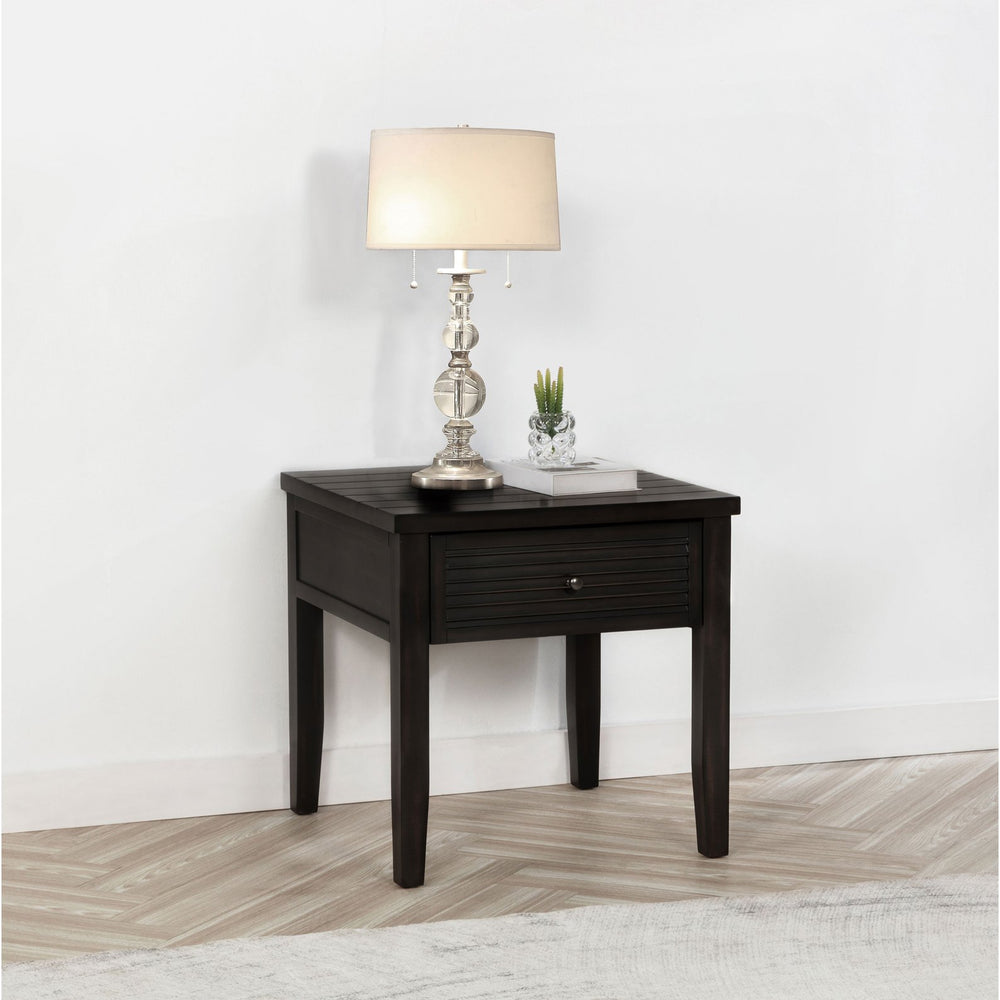 English Elm Sutter Farmhouse Square End Table with Louvered Drawer and Planked Pine Wood Top B062P441045