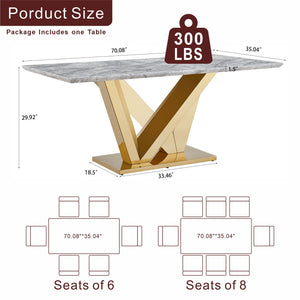 English Elm Marble Dining Table For 6-8, 74.8'' Rectangular Faux Marble Top With Mirrored Stainless Steel Base W3456S00045