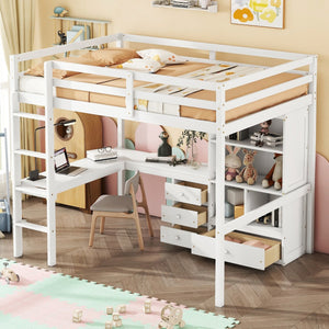 English Elm Full Size Loft Bed With Integrated Desk, Storage Shelves, Drawers & Safe Ladder - Stylish & Space-Saving W504S00161