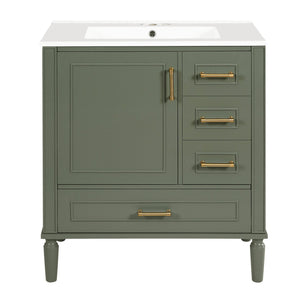 English Elm 30" Elegant Bathroom Vanity with Ceramic Sink, Soft-Close Door & 3 Drawers, Gold Handles, Durable Finish Olive Green N729P184479O