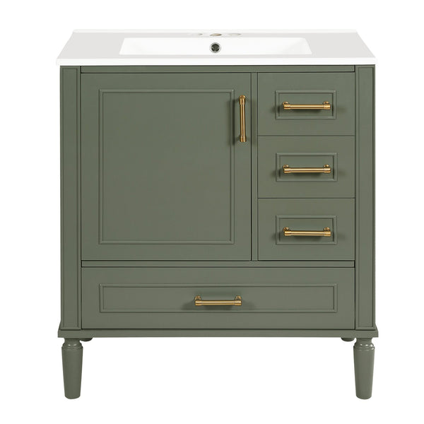 English Elm 30" Elegant Bathroom Vanity with Ceramic Sink, Soft-Close Door & 3 Drawers, Gold Handles, Durable Finish Olive Green N729P184479O