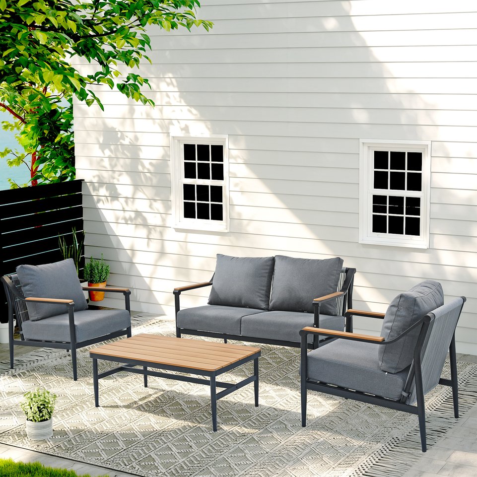 English Elm 4-piece Outdoor Aluminum Conversation Set with Thick Olefin Cushions Teak Accent Table T5880S00022