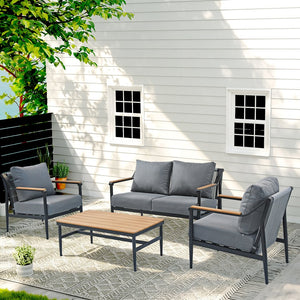 English Elm 4-piece Outdoor Aluminum Conversation Set with Thick Olefin Cushions Teak Accent Table T5880S00022