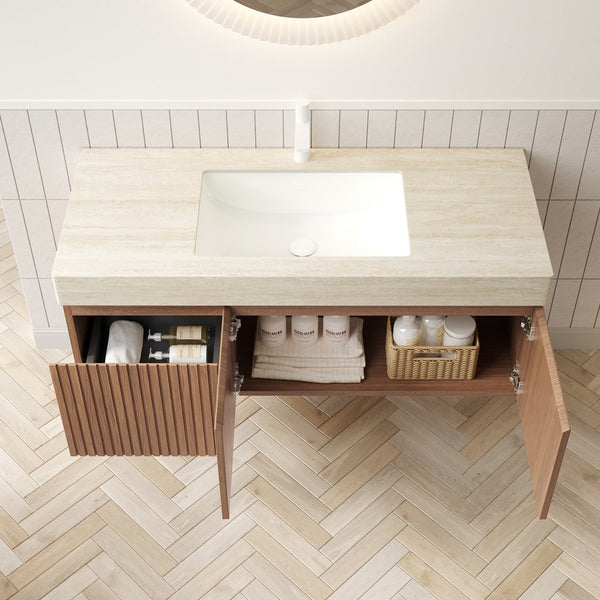 English Elm MURI Wall-Mounted 48" Bathroom Vanity with Durable Sintered Stone Top, Ceramic Basin, Soft-Close Beige,Brown Oak W2615S00224