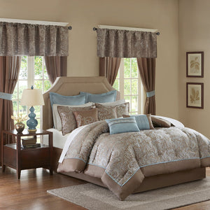 JLA Home Madison Park Essentials - 24 Piece Room in a Bag Complete 24-Piece Jacquard Paisley Bedding Ensemble with Curtains, Elegant Texture Blue MPE10-223