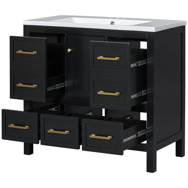 English Elm 36'' Bathroom Vanity with Resin Sink, Solid Wood Frame, 5 Drawers, Soft-Close Doors, Gold Knobs, Spacious Storage Black SW000142AAB-1