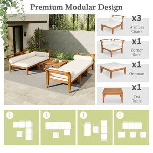 English Elm TOPMAX 6-Piece Acacia Patio Sofa Set - Modular L-Shaped Conversation Set, Convertible Daybed, Teak Beige Cushions SP100031AAA