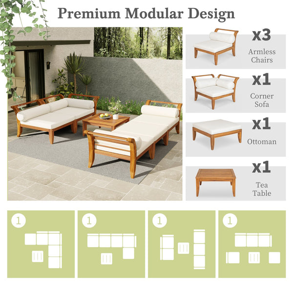 English Elm TOPMAX 6-Piece Acacia Patio Sofa Set - Modular L-Shaped Conversation Set, Convertible Daybed, Teak Beige Cushions SP100031AAA