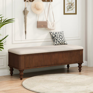 English Elm 50.8-inch Linen Upholstered Storage Bench Rubberwood Frame Lift Top Entryway Bedroom Seat Walnut W5819P481607
