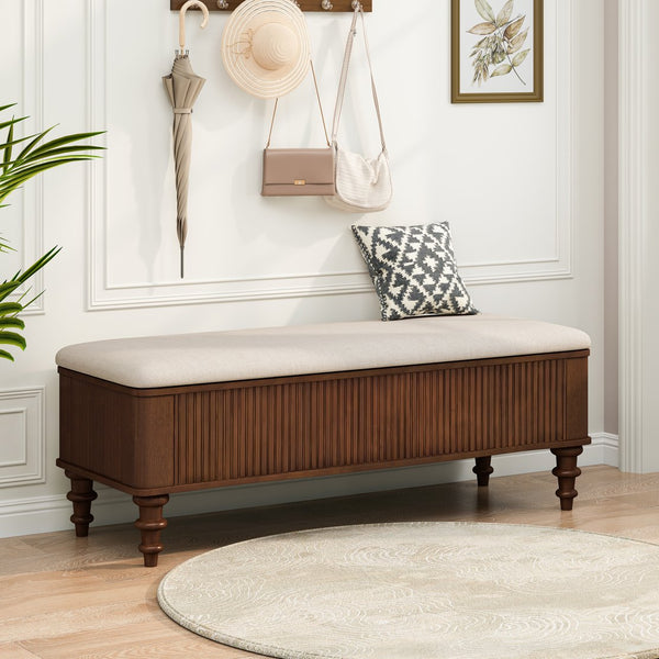English Elm 50.8-inch Linen Upholstered Storage Bench Rubberwood Frame Lift Top Entryway Bedroom Seat Walnut W5819P481607