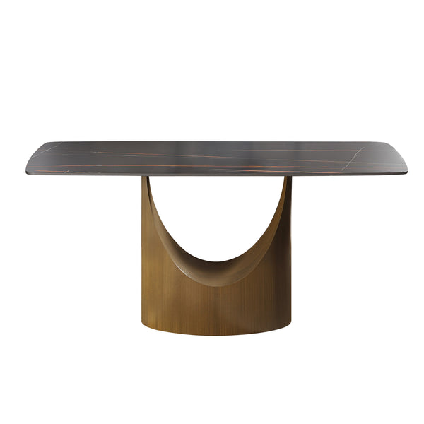 English Elm 63" Modern Artificial Stone Dining Table With Curved Black Panel And Bronze Iron Legs For 6-8 People W1535S00550