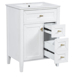 English Elm "24'' 24 Inch Glossy Freestanding Bathroom Vanity with Gold Hardware and Soft Close Storage White Rubberwood N725P448529K