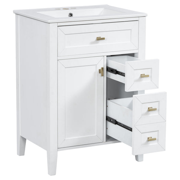 English Elm "24'' 24 Inch Glossy Freestanding Bathroom Vanity with Gold Hardware and Soft Close Storage White Rubberwood N725P448529K