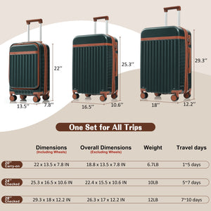 English Elm Luggage 3 Piece Abs Hard Shell Set with Usb Port Front Access and Spinner Wheels Dark Green N726P307555G
