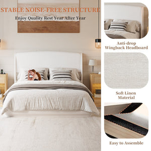 English Elm Upholstered Queen Platform Bed Curved Wingback Linen Headboard Modern Bedroom Frame Beige N733S439498A