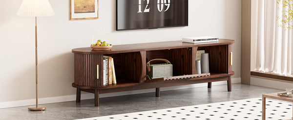 English Elm Modern Farmhouse TV Stand with Textured Woodgrain, Waterproof Surface, Sliding & Drop-Down Storage (75") N710P257615P