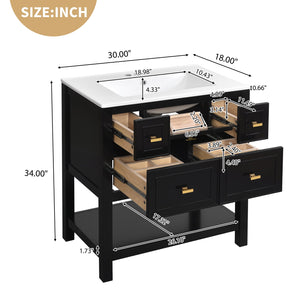 English Elm 30'' Bathroom Vanity with Ceramic Sink, Solid Wood Frame Freestanding Cabinet with 5 Drawers, Gold Knobs and Smooth Slide Rails Black N710P247488B