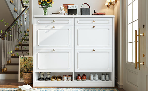English Elm Wooden Farmhouse Entryway Shoe Cabinet with Six Drawers for Organized Hallway Storage Light White W1580P402825